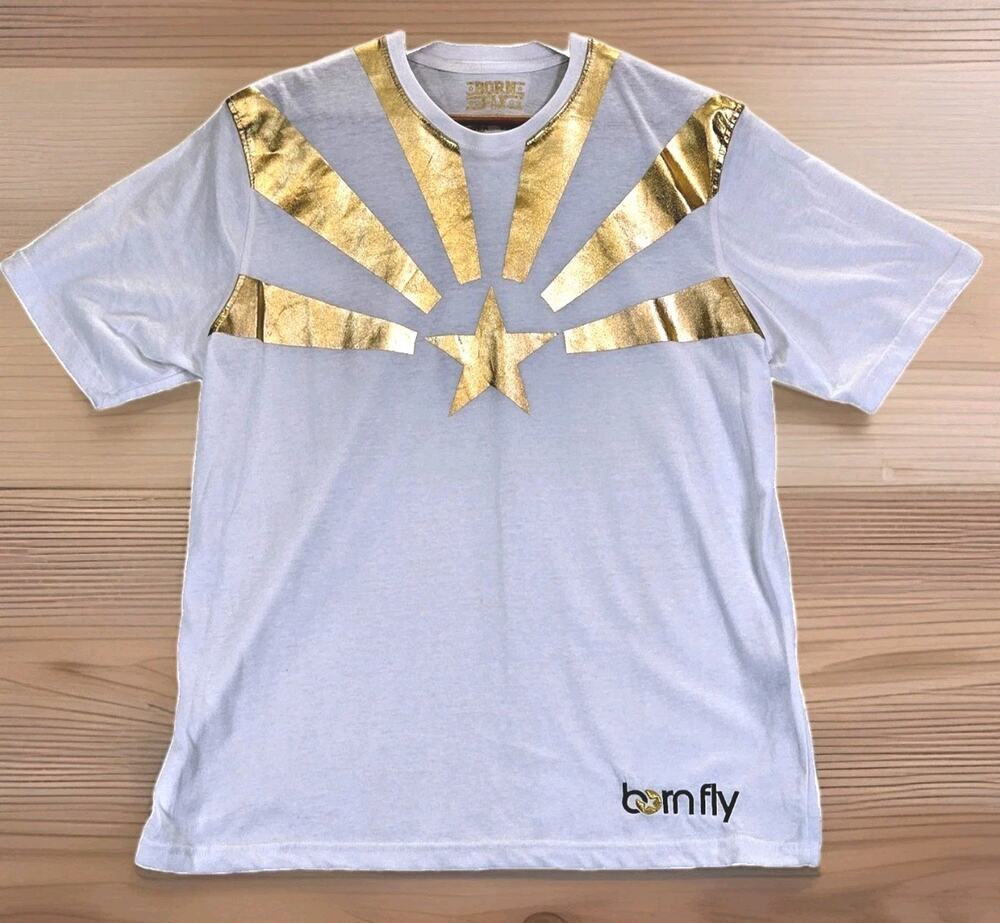 Born Fly Men’s Large Shirt Gold Star Graphic Logo White Short Sleeve Rare VTG